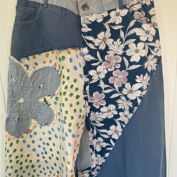 EASEL Wide-Leg Patchwork Flower Pants Denim Blue and Cream SZ Large - Picture 8 of 10